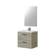 Mobile Sottolavabo, Mobiletto Per Bagno A 2 Cassetti, Armadietto Sospeso Con Specchio, Lavabo Non Incluso, Cm 60x45h57, Rovere