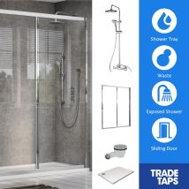 Synergy - Bleu Sliding Chrome Door, Tray, Waste & Trisen Square Shower Set 1000 X 800mm