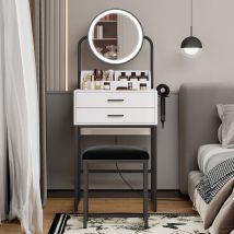 Puluomis - Dressing Table With Led Lights, Vanity Table With Adjustable Brightness Mirror, 2 Large Drawers And Hair Dryer Rack, Cushioned Stool, 