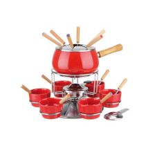 Appareil à fondue – Casserole émaillée rouge brillant – 6 personnes, Réchaud chromé, Couvercle inox – EVA