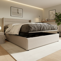 Letto Contenitore 160x200 Cm Con Vano Contenitore, Letto Matrimoniale Con Rete, Struttura In Metallo, Rivestimento In Lino, Ampio Spazio Contenitivo -