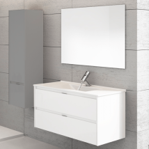Ibiza, Meuble Suspendu Salle De Bains Avec Lavabo Et Miroir. Livré Assemblé 90cm Avec Le Vasque Déplacé Vers La Gauche Blanc Brillant