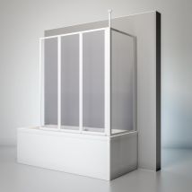 Duschwand Mit Seitenwand, 3-teilig Faltbar - Breite: 129 Cm, Höhe: 140 Cm, Glas: Kunstglas Tropfen Dekor, Profil: Alpin Weiß, Geeignet Für Wannentiefe