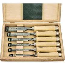 Juego de cinceles ULMIA 174HK – 6 piezas en caja de madera – Conformidad DIN 5139 – Mango ovalado