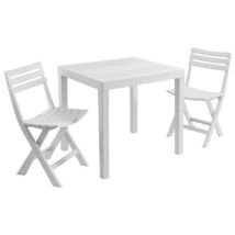 DEA – Set tavolo e sedie pieghevoli in resina bianca – 1 tavolo e 2 sedie – Resistente agli agenti atmosferici