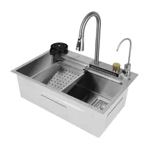 Einbauspüle, Wasserfallspüle Für Bars, Edelstahlspüle, Spülbecken-set Für Den Hausgebrauch, Integrierte Spüle Mit Abnehmbarer Armatur, 68 X 35 X 21 Cm