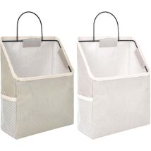 2 Pièces Sac De Rangement Suspendu Mural, Panier De Rangement En Coton Et Lin Avec Crochet, Poche Rangement Mural Avec Cadre En Métal, Gris Et Blanc 
