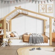 Cama Infantil Tipo Casa De 90x200 Cm, Fabricada En Pino/aglomerado/mdf, Con Láminas Estables, Color Blanco Y Natural