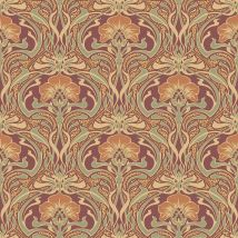 Cwv Wallcoverings - Retro Damask Floral Wallpaper Vintage Flora Nouveau Metallic Gold Green Red