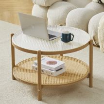 Boho Rattan Coffee Table, Round Glass Metal Center Table, Modern Simple 2 Tier Middle Table For Small Space Living Room Bedroom Office Meeting Room - 