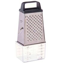 Rallador de acero inoxidable con depósito medidor – 4 caras para rallado grueso, mediano, fino y laminado – Asa de polipropileno