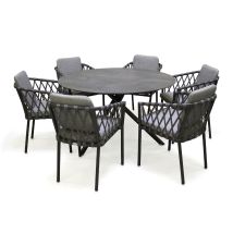 Garten-Essgruppe 6-Sitzer – runder Tisch aus Aluminium mit HPL-Platte – 6 stapelbare Sessel aus grauem Seil – Maße Tisch: 129 x 75 cm