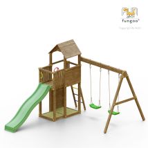 Spielturm 'boomer 3', Teak, Mit Rutsche, Doppelschaukel, Leiter, Griffe, Kletterwand Und Holzdach - Fungoo