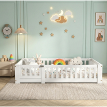 Cama Infantil 90x190, Cama Individual 90x190, Cama Montessori, Somier De Lamas, Con Barandillas De Seguridad Y Barrera Extraíble, Pino Macizo, Blanco