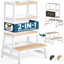Spielwerk - 2-in-1 Step Stool Toddler Learning Tower Kitchen Helper With Blackboard Natur Weiß (de)
