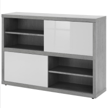 LLB Living Life Bed – Mobile basso multiuso 140x36x87 cm – Struttura cemento, ante bianco lucido – 4 vani interni