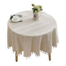 Nappe Beige Ronde En Lin & Coton Couverture De Table Anti-tache Lavable Avec Glands Pour Anniversaire, Mariage, Salle À Manger, Table Basse - 120cm