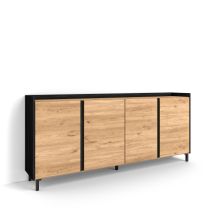 Skraut Home - Aparador Para Salón, Gran Capacidad De Almacenaje, 207x35x91cm, 4 Puertas, Diseño Industrial, Estilo Moderno, Roble Y Negro