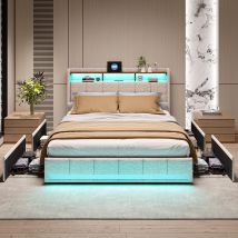 Doppelbett 160 X 200, Erwachsenenbett 160 X 200 Mit 4 Schubladen, Mit Usb-anschluss Und Led, Bettgestell, Mit Kopfteil, Beige, Leinenstoff