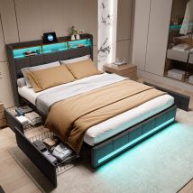 Lit Double 140x200 Cm, Lit Adulte 140 X 200, Avec Led Et 4 Tiroirs, Cadre De Lit, Avec Port Usb, Avec Tete De Lit, Gris, Lin