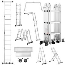 Teeno – Échelle Pliante Multifonction 7 En 1 – 3,6 M – Aluminium – Charge 150 Kg – 4 X 3 Marches – 2 Plateformes – Pieds Antidérapants – Roues 