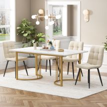 Essgruppe (5-teilig), Esstischset Mit 4 Stühlen, Modernes Küchentischset, Weiße Mdf-platte, Beige Esszimmerstühle Aus Samt, 140x80cm