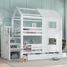 Lit Superposé Lit Enfant Rangement 90x200 Bois Blanc Okmyhome