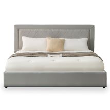 Lit Coffre Sandiego Avec Sommier Relevable 180x200cm Et Tête De Lit Cloutée Velours Gris Clair