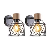 2x) Retro Wall Lights Modern Nordic Wall Lamp Wood Metal Wall Sconce Cage Vintage Wall Light E27 (black)