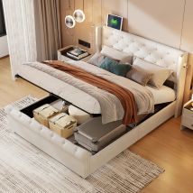 Doppelbett 140 X 200 Cm, Kopfteil Mit Leselampe, Usb-anschlüsse, Hydraulisches Stauraumbett, Bett Im Europäischen Stil, Jugendbett, Samtstoff, Beige