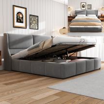 Cama Matrimoniales 140x190 Cm Con Almacenamiento, Cama Para Adultos, Cama Tapizada, Con Cabecero Y Somier De Láminas, Estilo Contemporáneo, Tela De 