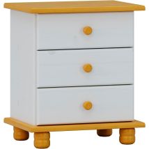 Moblit - Mesita 3 Cajones , Pino Macizo Serie Canet, Medidas: (55x48x34) Cm ( Altoxanchoxfondo), Color Blanco-miel