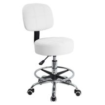 Tabouret De Bureau À Roulettes Avec Dossier Réglable – Cuir Pu Blanc – Hauteur 51-66 Cm – Capacité 135 Kg – 5 Roues À Roulement Doux – Kktoner
