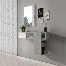 Mobile da ingresso moderno in laminato cemento e bianco – 100 cm x 31,2 cm x 76 cm – 1 cassetto – Specchiera 60 cm x 80 cm