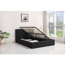 Ottoman Bed Gas Lift Storage Leather Black 4ft6 Double With 1 Mattress Pine Wood Pine Wood Bedroom