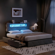 Lit 140x200 Avec Tiroirs,lit Double Capitonné,lit Adulte,avec Bande Lumineuse Led Et Chargement Usb,tissu En Velours,gris