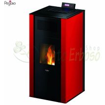 Estufa de pellet hidráulica roja 22 kW – Eficiencia 96,5% – Sistema de encendido EASY START – Hierro fundido – SILENT SYSTEM