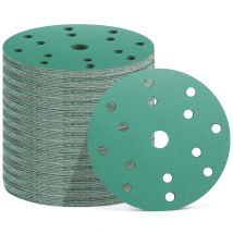 50 Stück Schleifscheiben 150 Mm, 15 Löcher, 10x Körnung 60/80/120/180/400, Schleifpapier Für Exzenterschleifer (grün (p60/p80/p120/p180/p400)) - 
