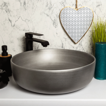 Lavabo da appoggio rotondo in ceramica – grigio metallo spazzolato – Ø415 mm, h. 130 mm – KERRA