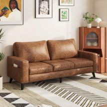 Yodolla 3 Seater Sofa, Modern Sofa Couch Large, Faux Leather Sofa For Living Room, Brown