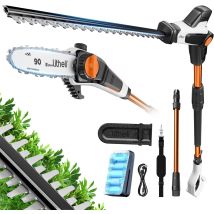 Lagueur Sur Perche Et Taille Haie Sans Fil 2-en-1, Lame De 47 Cm, Batterie 2,0 Ah, Tête Inclinable Et Perche Rallonge Pour Une Coupe Facile(hauteur 