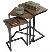Satztisch, Beistelltisch, 3er-set, Industrial Design, Stahlrahmen, Braun+schwarz, 45 X 30 X 60cm