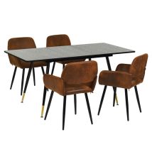 Ensemble Table À Manger Extensible En Bois Noir (120-160cm) Et 4 Fauteuils Vintage En Daim Marron - Urban Meuble
