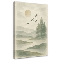 Wandbild Japandi Naturlandschaft Aquarell Beige Wald Flugzeuge 60x90 Cm