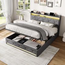 Lit Coffre 140x190,lit Rembourré Avec Rangement Sous Le Lit,tête De Lit Avec Recharge Sans Fil & Ports Usb/type-c,bande Led,lin Gris