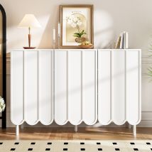 Buffet Blanc Portes Ondulées 120 X 35 X 80 Cm Étagères Réglables Sans Poignée Rangement Salon Couloir Salle À Manger