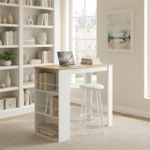 Table De Bar Avec Rangement, Table De Bar Pour Cuisine,112 × 57 × 106 Cm, Blanc Et Chêne Clair