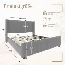 Cadre De Lit Capitonné Élégant Et Moderne De 140 X 190 Cm, Tête Et Pied De Lit Hauts, Port Usb Certifié, Structure En Fer Et Sommier En Bois, Stable 