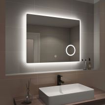 Led Bathroom Mirror Illuminated Wall Mirror Touch Switch + Demister Pad + Shaver Socket + 3x Magnifying Mirror, 900 X 700mm, Horizontal - Emke