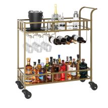 Chariot De Bar À Roulettes 2 Niveaux – Étagères Miroir, Porte-bouteilles Et Verres, Dessert Roulant Métal Compact, Or